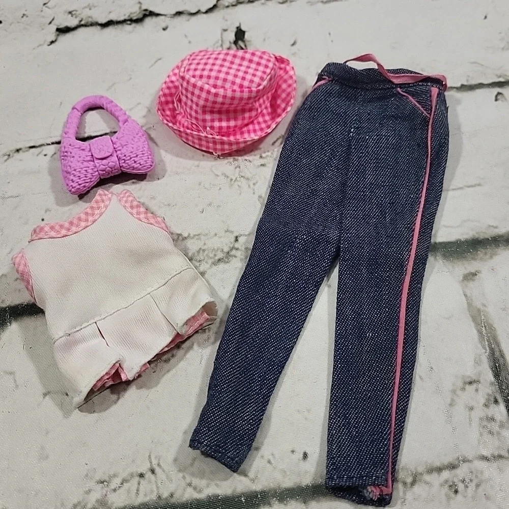 Vintage Barbie Jeans Doll Clothes Lot Pink Gingham‎ Bucket Hat Purse T-Shirt Top